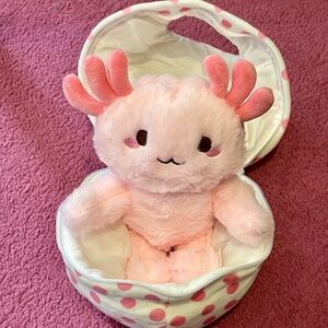 Cute Pink Axolotl Plush with Polka Dot Egg Case